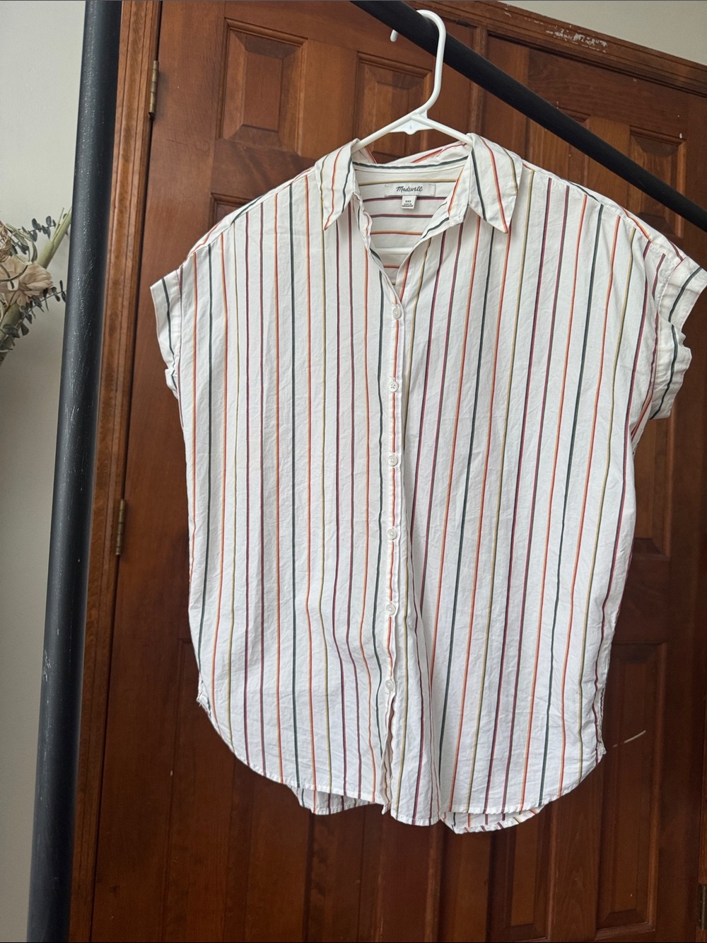 Madewell White Short-Sleeve Button-Down with Red, Orange, Green and Blue Stripes